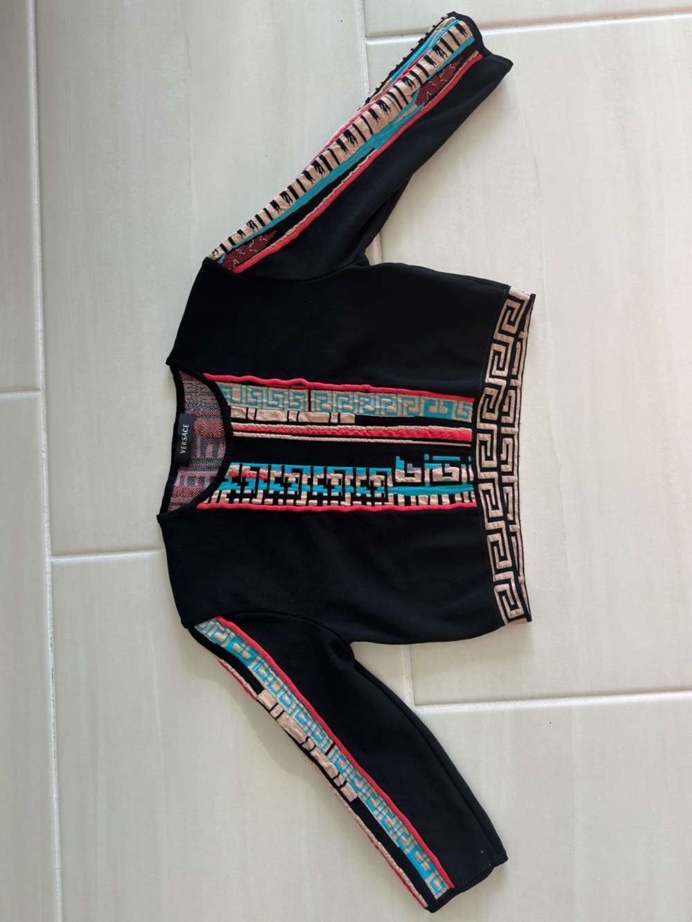 Versace Black Cropped Top with Teal, Pink and Beige Trim